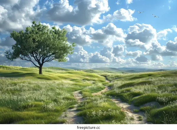 Rural Landscape with Tree and Birds in Sky