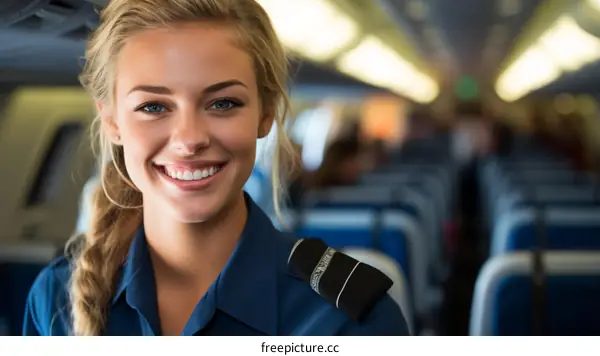Portrait of a smiling young blonde woman in a blue uniform with epaulettes