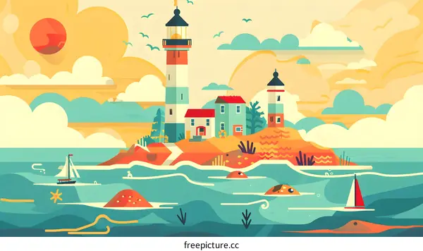 Summer Lighthouse Island Landscape Illustration