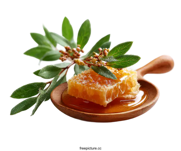 [Transparent Background PNG]Honeycomb and Leaves on Wooden Spoon