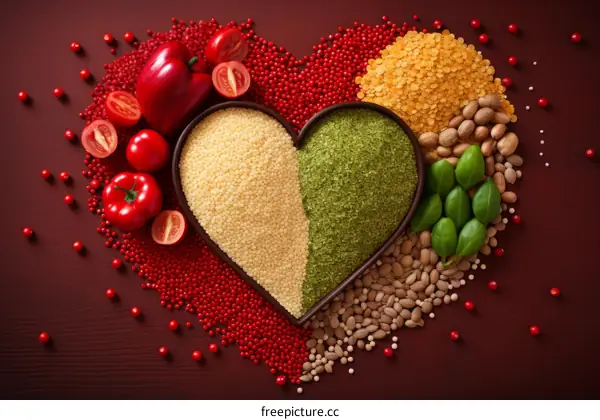 A variety of healthy food ingredients arranged in a heart shape on a brown background.