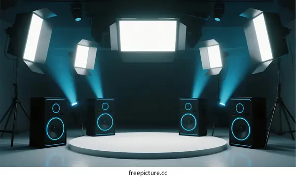 Professional Lighting Setup with Speakers on Stage Platform