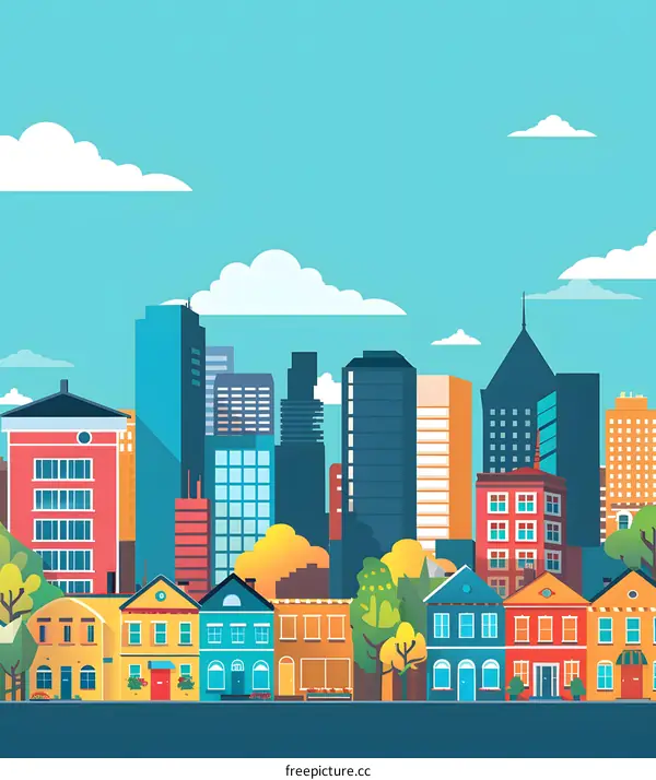 Colorful Cityscape with Buildings, Trees, and Blue Sky