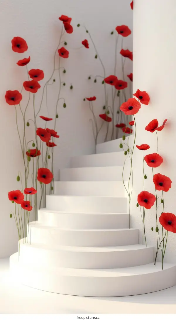 Elegant White Spiral Staircase Decorated with Red Poppies