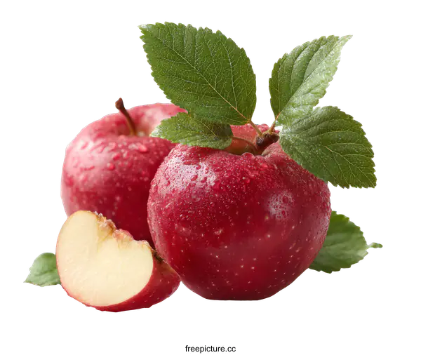 [Transparent Background PNG]Fresh Red Apples with Leaves