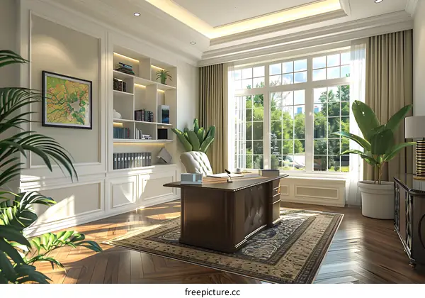 Luxury home office with large windows and plants