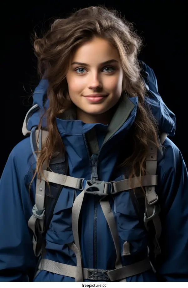 A young woman is hiking in the mountains wearing a blue raincoat and a backpack