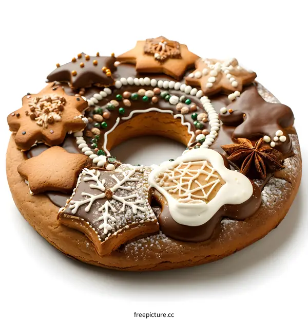 A gingerbread cookie shaped like a wreath, decorated with icing and other small gingerbread cookies.