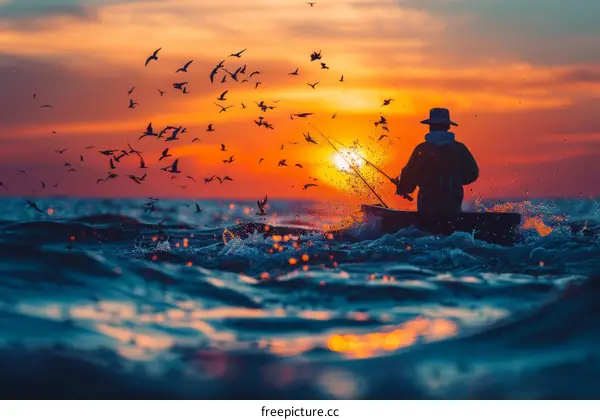 A fisherman in a boat at sunset with a huge flock of birds flying overhead