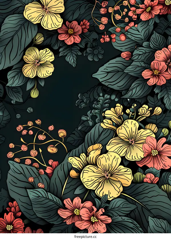 Floral Pattern with Yellow and Red Flowers on a Dark Background