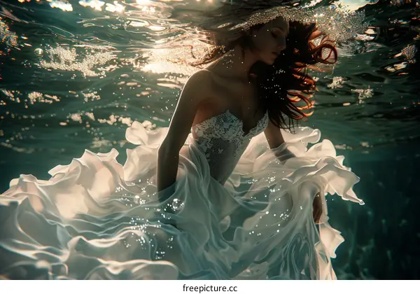 An underwater photo of a woman wearing a white wedding dress