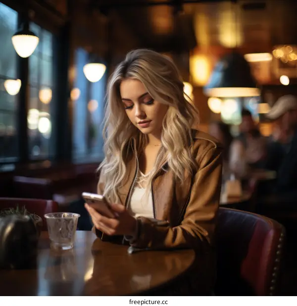 Blonde woman sitting in a restaurant looking at her phone