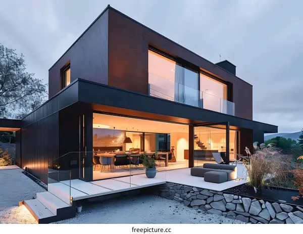 Modern Home with Large Glass Windows and Stone Wall