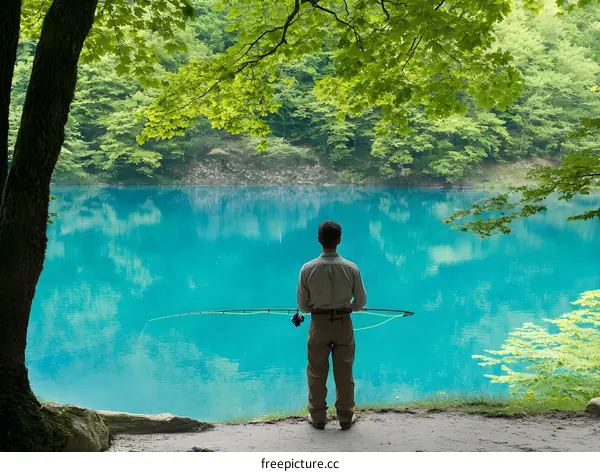 Man Fishing on a Beautiful Blue Lake Surrounded by Lush Green Trees