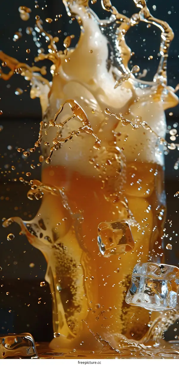 Close Up Of Ice Cubes Dropping Into A Glass Of Beer
