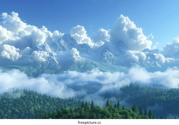 Majestic Mountain Range Covered in Clouds and Lush Forests