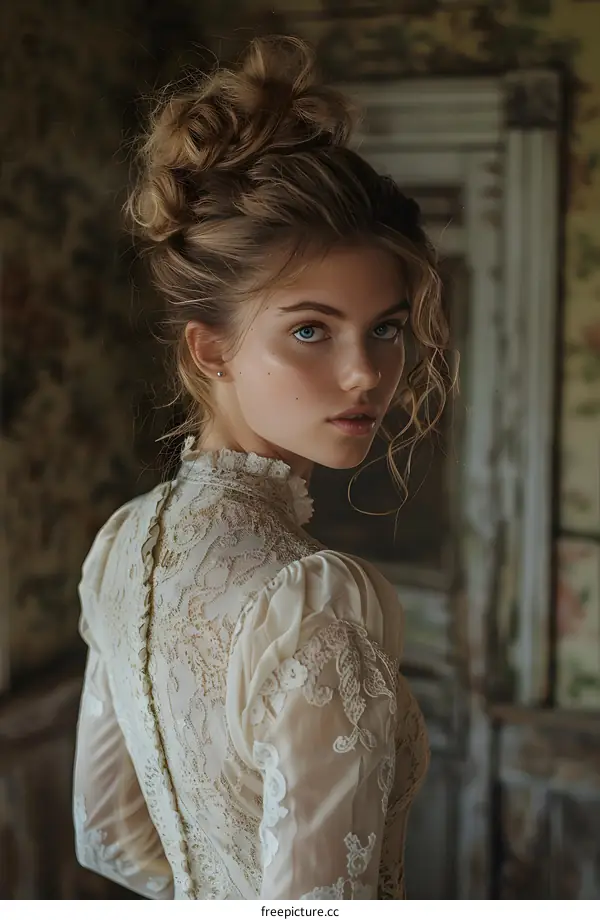 Portrait of a young woman with brown hair and blue eyes