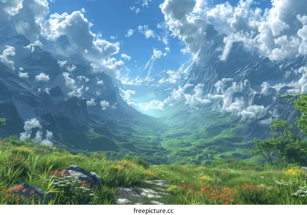 Majestic Mountain Valley Scenery Illustration