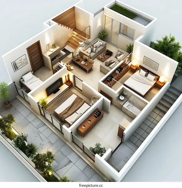 The floor plan of a three-bedroom apartment, showing the layout of the living room, kitchen, bedrooms and bathrooms