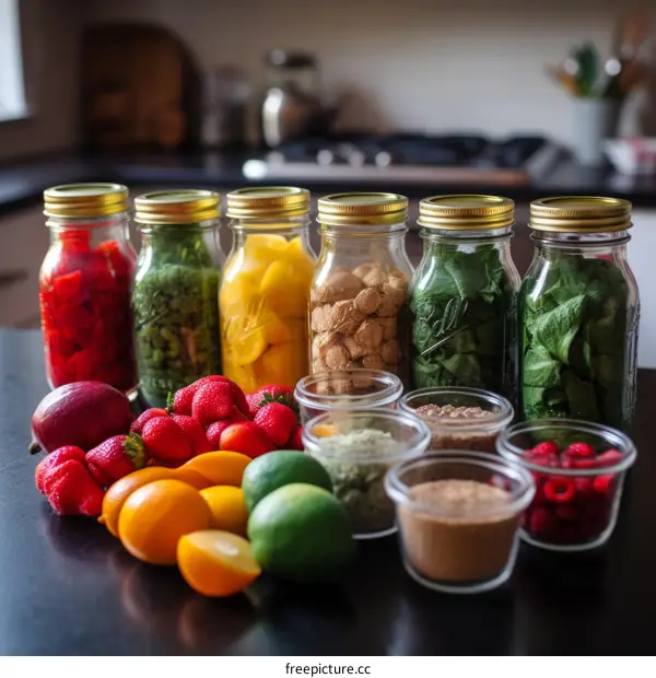 A variety of colors and textures can be found in this arrangement of fresh produce displayed in glass jars and containers