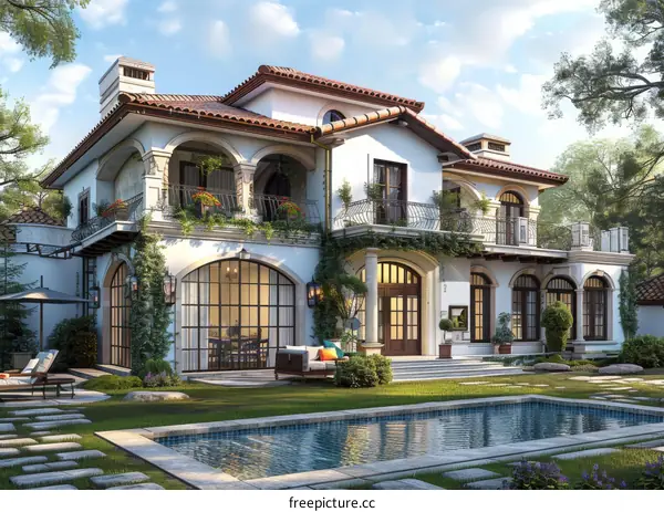 A luxurious house with a pool and a beautiful yard