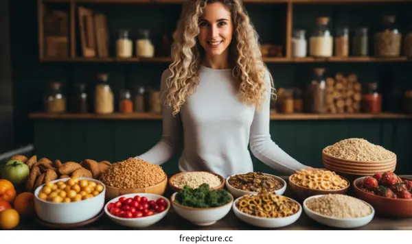 Portrait of a smiling young woman standing in a grocery store surrounded by various types of grains and other food items