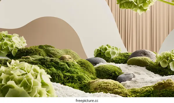 Abstract Minimalist Green Landscape with Moss and White Sand