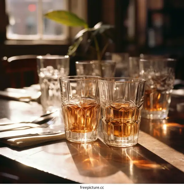 Two glasses of whiskey on a wooden table in a restaurant