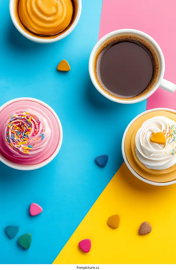 Colorful Cupcakes and Coffee on Bright Background