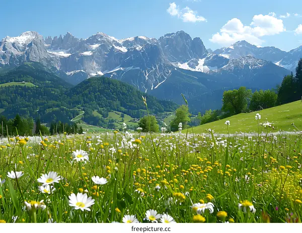 Alpine meadow with flowers and mountain range in the background
