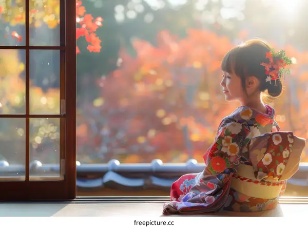 A young girl in a kimono is sitting on the floor in a traditional Japanese house. She is looking out at a garden with autumn leaves.