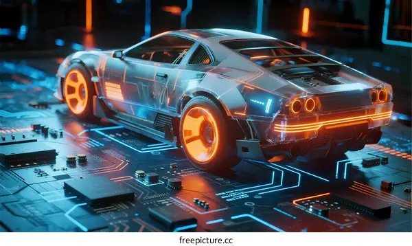 Futuristic Cyber Sports Car on Circuit Board Background
