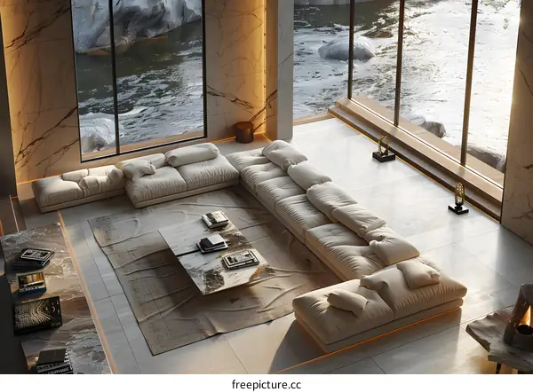 Modern living room with a river view