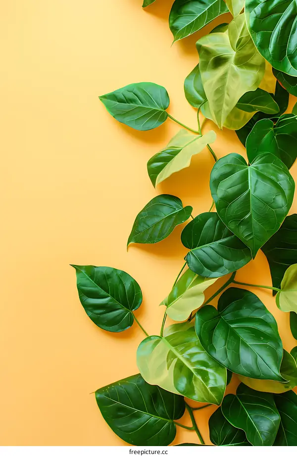 Green Leaves on Yellow Background