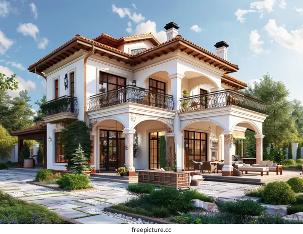 A luxurious two-story house with a beautiful yard