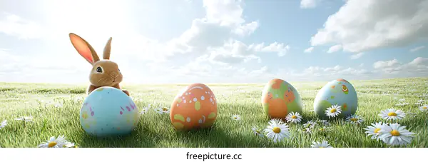 Easter Bunny and Painted Eggs in a Meadow