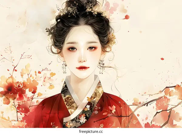 A beautiful illustration of a Korean woman in traditional dress