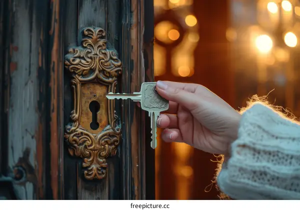 A hand unlocking a wooden door with a key