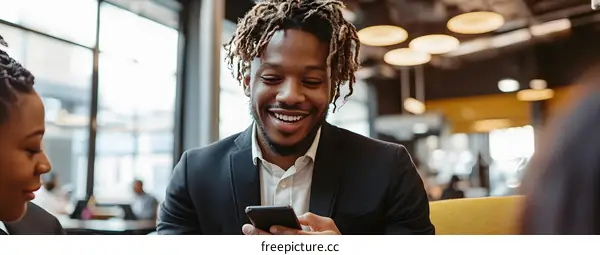African American Man Smiling While Looking at Phone in Cafe