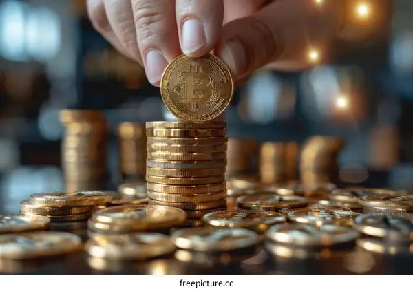 A hand placing a Bitcoin on a stack of Bitcoins