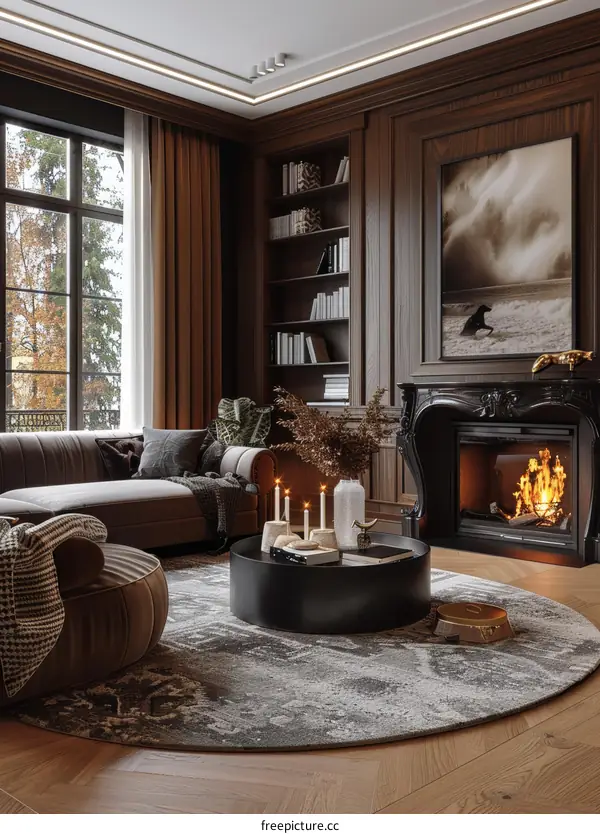 Modern Living Room with Fireplace and Large Windows