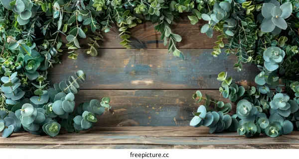Fresh eucalyptus branches on a wooden background