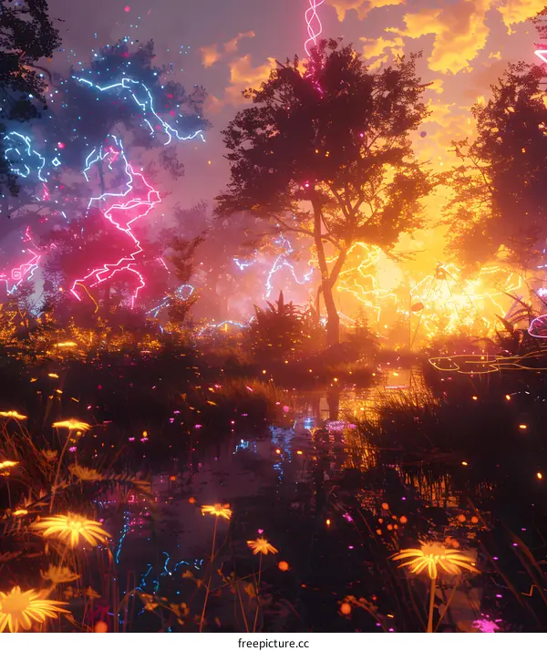 fantasy landscape with glowing plants and lightning