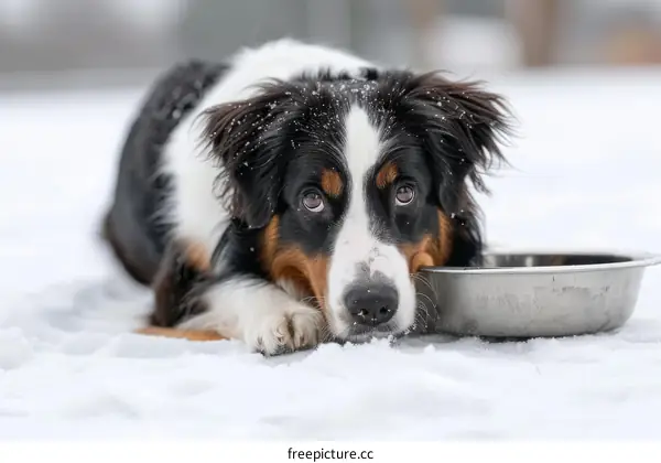 A Border Collie lies in the snow next to a metal bowl