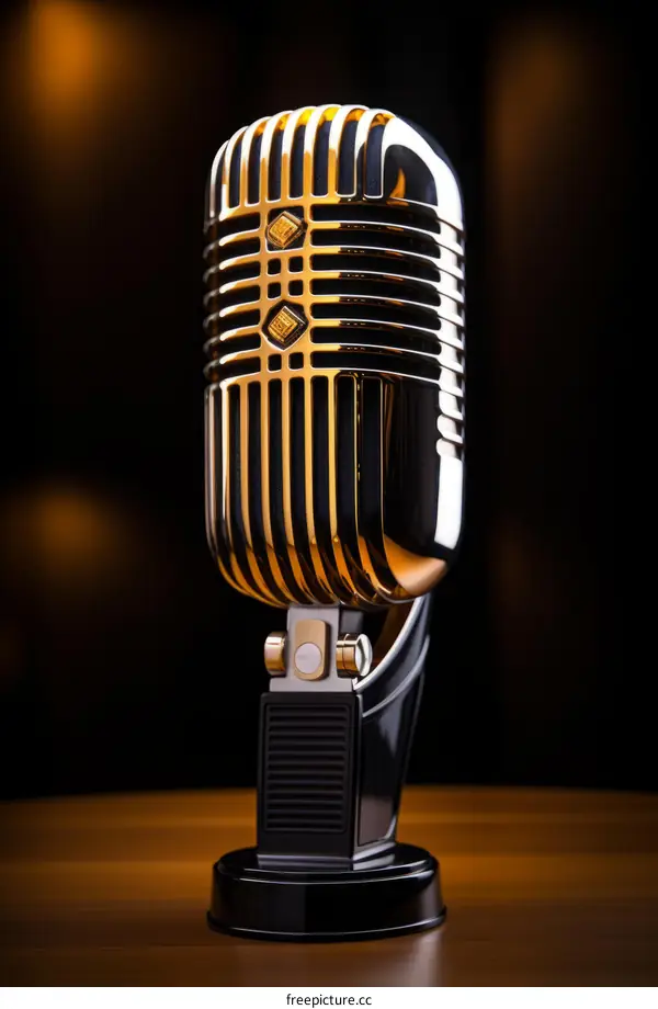 Vintage Microphone on Wooden Table with Blurry Background