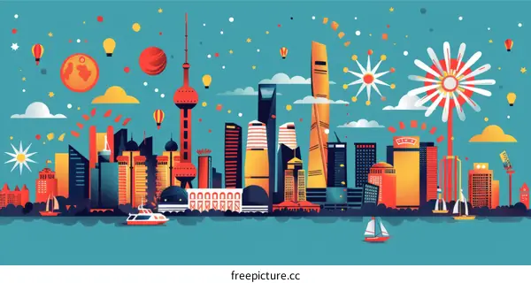 A bustling cityscape with fireworks and a river in the foreground.