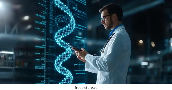 Medical professional examines DNA sequence on interactive display