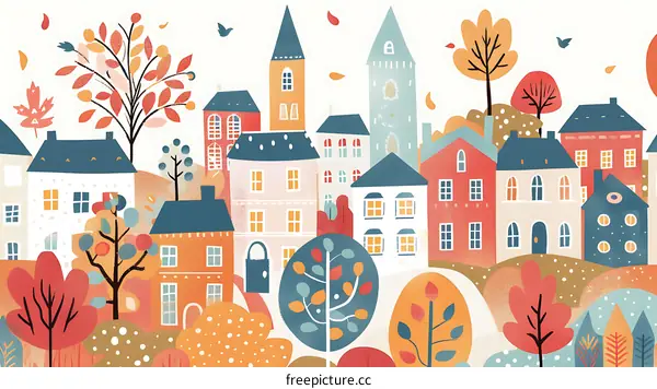 Autumn Village Illustration With Colorful Houses and Trees