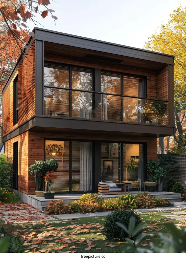 A modern two-story house with a balcony surrounded by trees