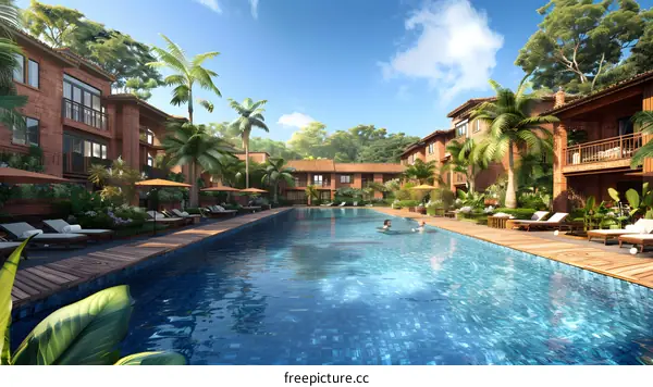 Courtyard with swimming pool and palm trees